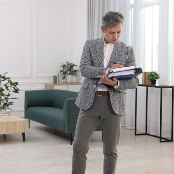 Evaluación de vivienda para aislamiento según elegibilidad Asesor revisando documentación para comprobar la elegibilidad al aislamiento de buhardillas<br />